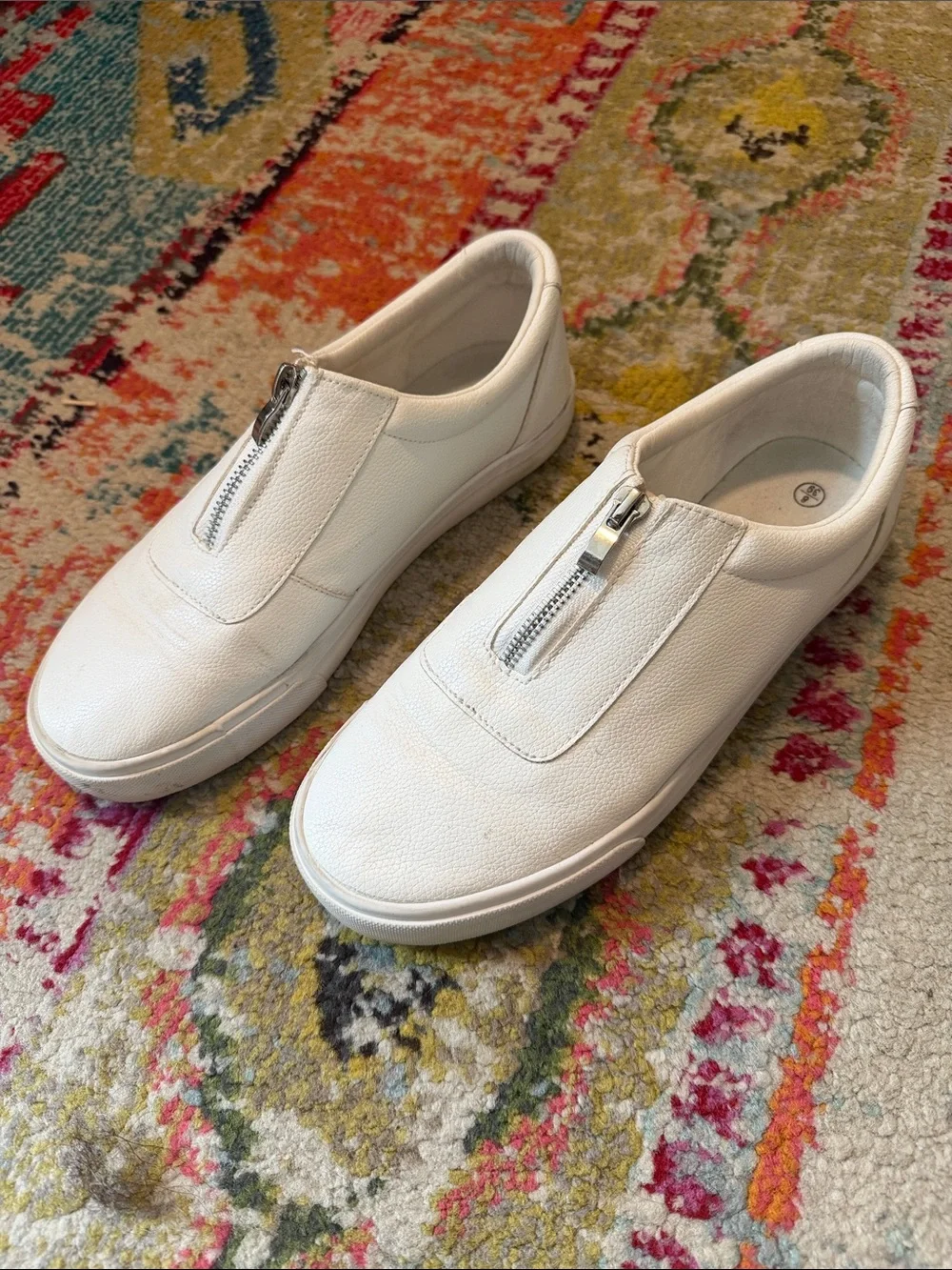 White Zip Front Slip-On Leather Sneakers – Women’s Size 8